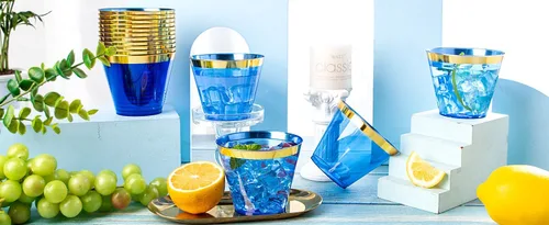 Vista 9 de Nervure 240 vasos de plástico azules – Vasos de plástico con borde dorado de 9 onzas – Taza azul desechable resistente con borde dorado perfecto