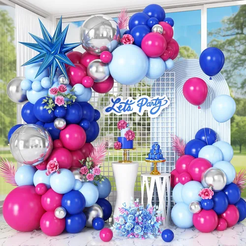 Vista 14 de Kit de guirnalda de arco de globos de color azul, blanco y plateado con globos de bola de discoteca, globos de papel de aluminio de estrella