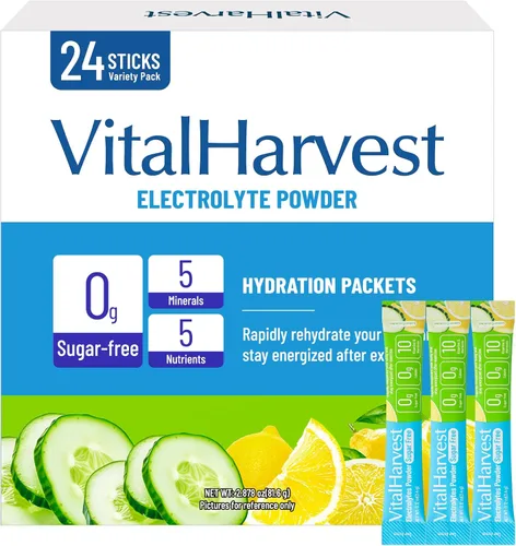 Vista 14 de VitalHarvest 24 Sobres de Polvo de Electrolitos Sin Azúcar Paquetes de Hidratación Mezcla de Bebida IV Diaria Líquida para Hidratación Rápida, Bajo