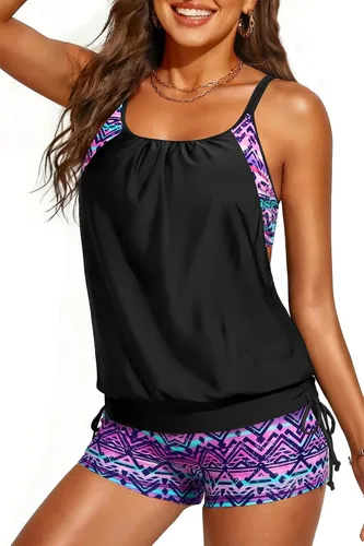 Vista 40 de Traje de baño tankini de dos piezas con control de abdomen y pantalones Bandera estadounidense