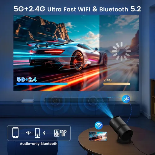 Vista 5 de Mini proyector portátil con WiFi y Bluetooth, compatible con proyector de películas 1080P HD, corrección trapezoidal automática, rotación de 180°