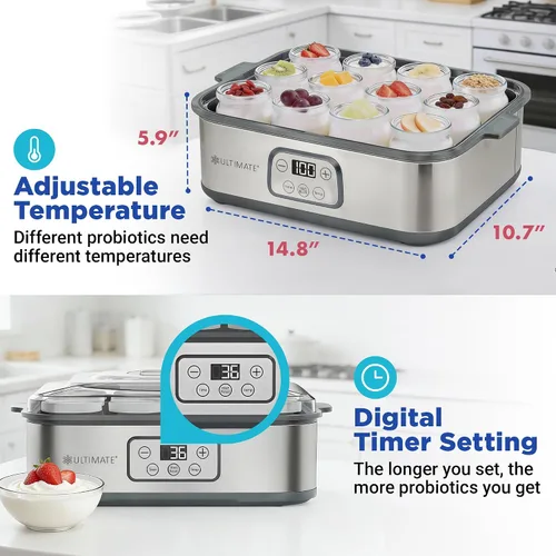 Vista 3 de Ultimate Probiotic Yogurt Maker XL con un 50% más de capacidad, control de tiempo y temperatura ajustable, hace billones de probióticos vivos