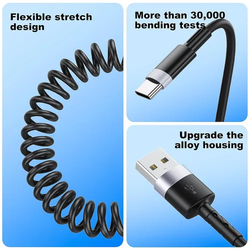 Vista 5 de CarPlay - Paquete de 2 cables de carga en espiral USB A a USB C para iPhone 15, cable de carga corto para automóvil/Uber, sincronización de datos
