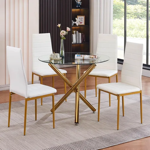 Vista 7 de Round Glass Dining Room Set for 4 Person Compact Glass Dining Table with Faux Leather Chairs with Golden Legs for Small Space/Apartment