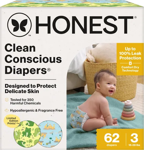 Vista 45 de The Honest Company Clean Conscious - Pañales para pieles delicadas, hasta un 100% a prueba de fugas, hipoalergénicos, sin fragancia, género neutro