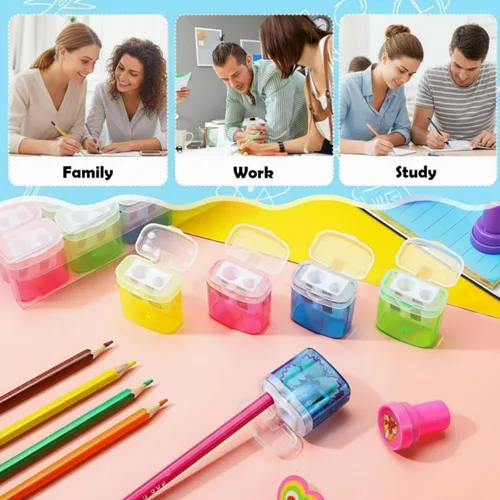 Vista 5 de Teling 144 sacapuntas manuales, 180 unidades, sacapuntas manuales a granel de mano con doble agujero, sacapuntas coloridos portátiles compactos