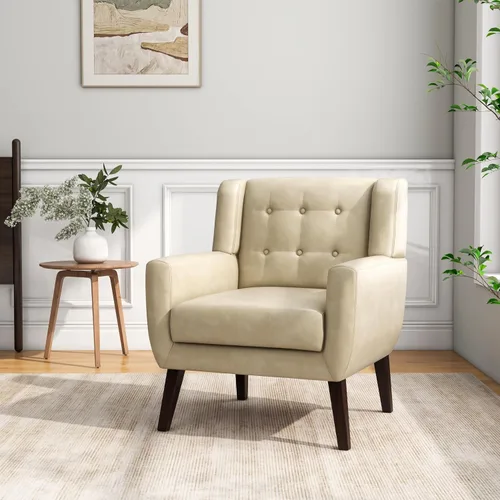 Vista 37 de Accent Chair Set of 1, Comfy Reading Armchair, Beige Linen Blend, Tufted Button Backrest, Solid Wood Frame, Upholstered Club Single Sofa Chairs