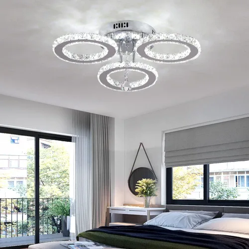 Vista 7 de Deckrico Moderno candelabro de cristal de montaje empotrado, lámpara de techo colgante de acero inoxidable de 3 anillos redondos para sala de estar