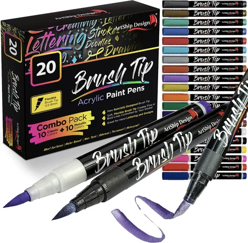 Vista 12 de ArtShip Design 10 rotuladores de pintura acrílica negros, paquete doble de marcadores de pintura de punta extra fina y media, para pintura en roca