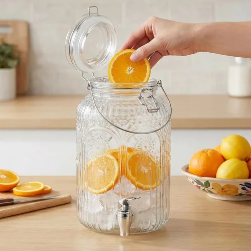 Vista 7 de Kingrol Dispensador de bebidas de vidrio de 1 galón con tapa y espita, boca ancha, jarra de jugo a prueba de fugas, dispensador de bebidas vintage