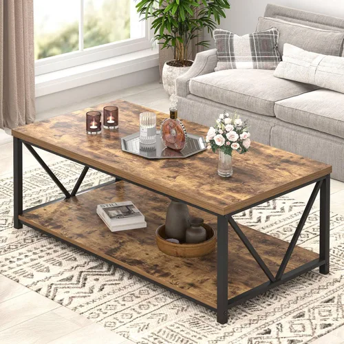 Vista 10 de EXCEFUR Mesa de centro pequeña, mesas modernas para sala de estar con estante de almacenamiento, mesa central rectangular de madera rústica, mesa