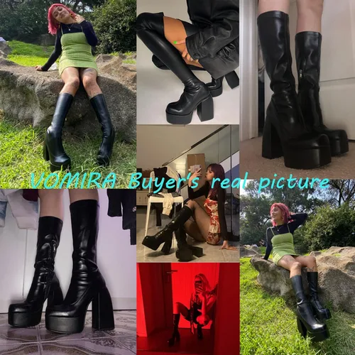 Vista 5 de VOMIRA Botas de tobillo para mujer, tacón alto grueso, puntera cuadrada, cremallera lateral, botas elásticas de piel sintética, botas de plataforma
