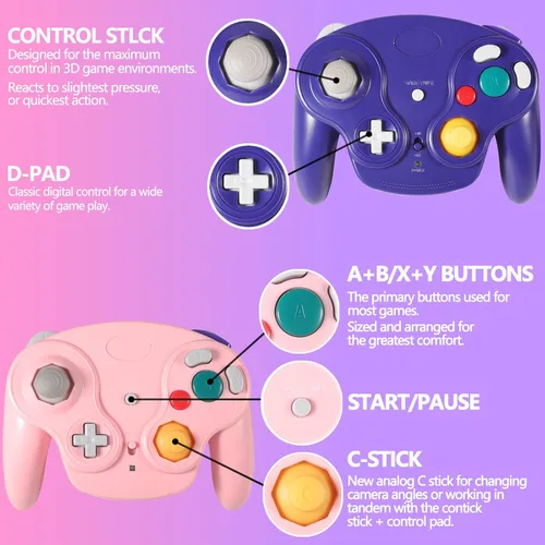 Vista 4 de Dliaonew 24G Wireless Gamecube Controller Classic Gamecube Wii Controller with Receiver Adapter for Wii Gamecube NGC Pink and Purple