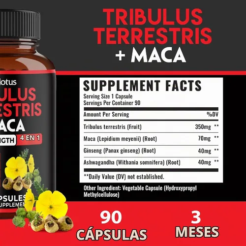 Vista 2 de Zolotus Cápsulas Premium de Tribulus Terrestris - Combinadas con Ashwagandha, Panax Ginseng y Maca - 90 Unidades para 3 Meses