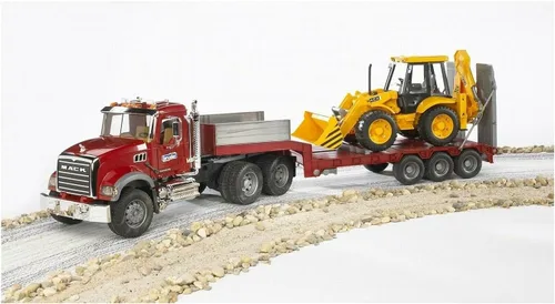 Vista 2 de Camión plataforma Mack Granite con JCB cargadora retroexcavadora de Bruder