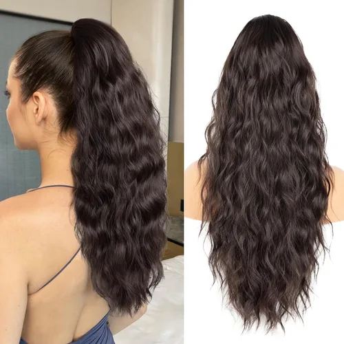 Vista 13 de Extension de cola de caballo con cordón de 26 pulgadas para mujer, extensiones de cola de caballo largas y onduladas, extensiones de cabello