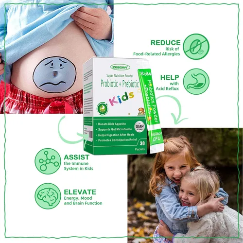Vista 8 de Probióticos y prebióticos para niños en polvo a partir de 3 años, apoyo al sistema digestivo e inmunológico para niños con fuente natural, promueve