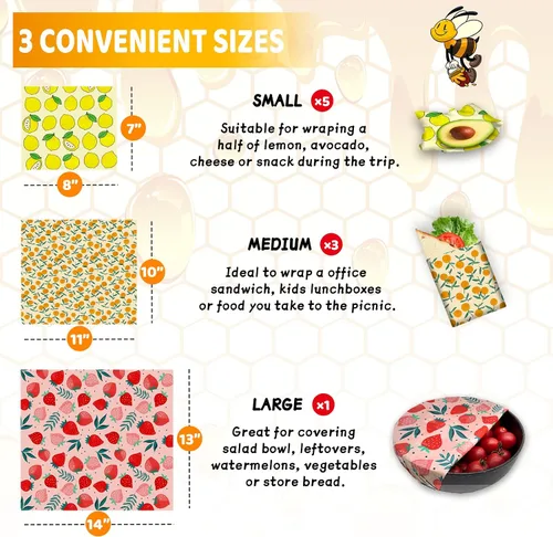 Vista 3 de Envoltura de cera de abeja reutilizable, paquete de 9 envolturas ecológicas de cera de abeja para alimentos, orgánica, sostenible, biodegradable