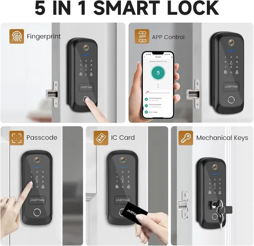 Vista 2 de JAIOTlink Cerradura inteligente 5 en 1 para puerta delantera, cerrojo de entrada sin llave con cámara y timbre, cerradura electrónica segura WiFi