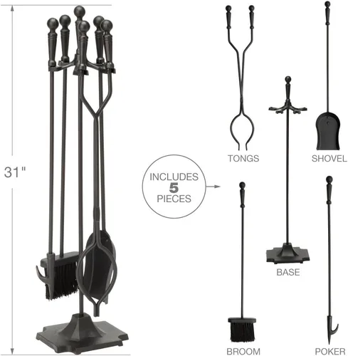 Vista 4 de UniFlame Juego de herramientas negras para chimenea de 5 piezas con asas de bola (T51030BK)