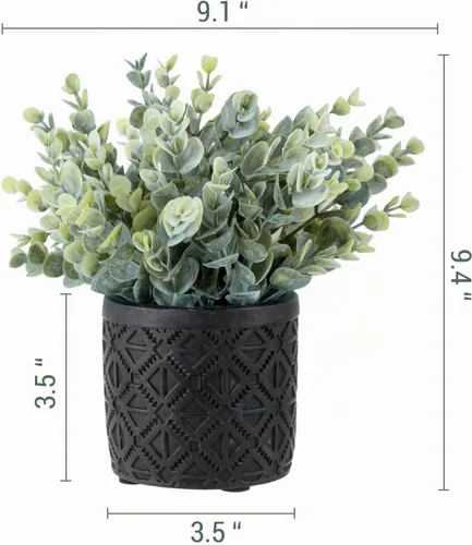 Vista 5 de MyGift Planta artificial de eucalipto en macetas modernas de hormigón gris con patrón geométrico en relieve (1, negro) Hojas realistas, acento sin