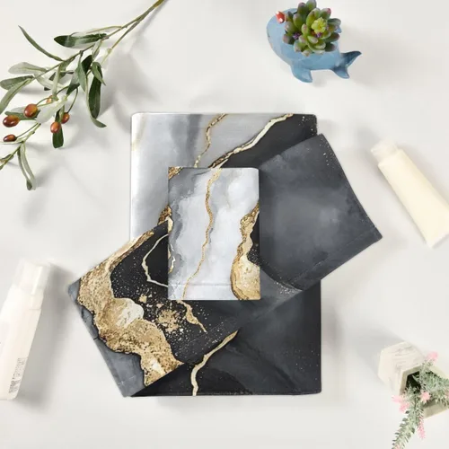 Vista 5 de Juego de toallas de baño para baño, toallas de mano, toallas de mano con diseño de mármol dorado y negro, 3 piezas, algodón decorativo, absorbente