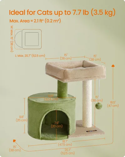 Vista 5 de Feandrea Árbol para gatos, torre pequeña para gatos de 18.5 pulgadas, verde Verde hierba + marrón camello