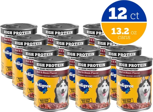 Vista 2 de Pedigree Alimento húmedo suave para perros adultos con alto contenido de proteínas, sabor a carne de res y bisonte, latas de 13.2 onzas, 12