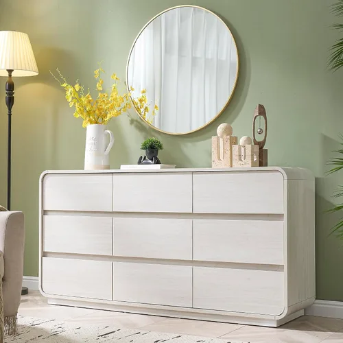 Vista 7 de Standifurno Cómodas blancas de 9 cajones, cómoda cajonera con cajones profundos, cómoda moderna para dormitorio, cajón curvado con gran Blanco