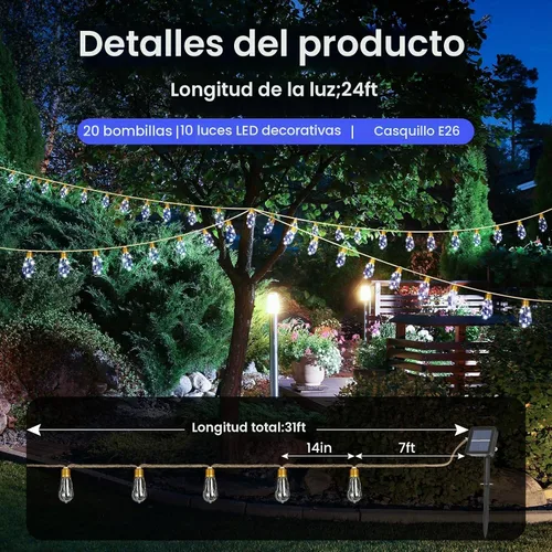Vista 5 de Guirnalda de luces solares para exteriores, luces solares de patio de 24 pies, tira de luces para exteriores, impermeable, 8 modos de luces de Blanco