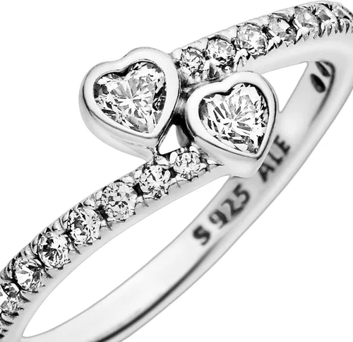 Vista 4 de PANDORA Jewelry - Anillo de circonita cúbica con dos corazones brillantes en plata de ley, Metal, Zirconia cúbica