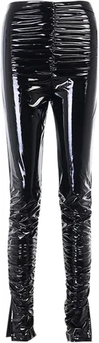 Vista 4 de xxxiticat Pantalones plisados de piel sintética para mujer, cintura alta, entallados, con dobladillo dividido, de piel sintética, para club