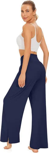 Vista 3 de UEU Pantalones de yoga casuales de pierna ancha para mujer, cintura alta, con abertura lateral, holgados, con bolsillos