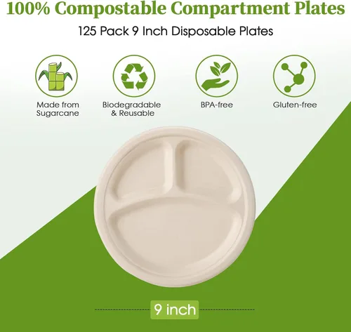 Vista 2 de ECOLipak Paquete de 125 Platos Compostables de 3 Compartimentos, Platos de Papel Desechables de 8.85 Pulgadas de Alta Resistencia, Plato Dividido