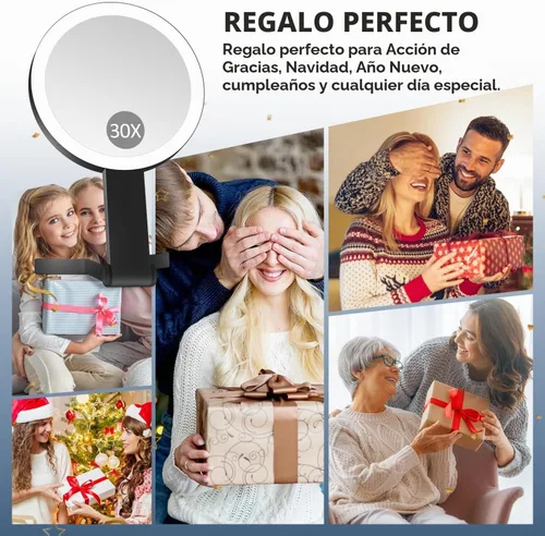 Vista 7 de Espejo de maquillaje iluminado, espejo de aumento 30X con luz, espejo colgante y de mano con asa, negro