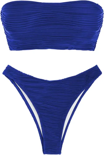 Vista 3 de ZAFUL Bikini sin tirantes para mujer, 2 piezas, traje de baño atrevido, sólido, con cordones