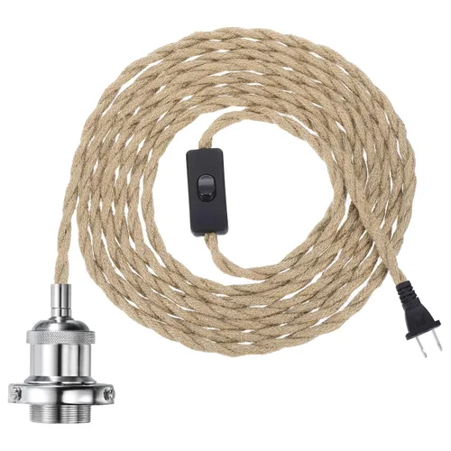 Vista 10 de PATIKIL Kit de cable de luz colgante de 15.4 pies, enchufe E26 con interruptor, cuerda trenzada industrial vintage para lámpara de granja