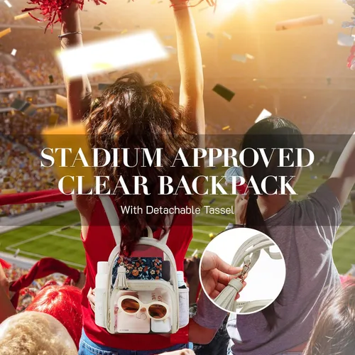 Vista 21 de Missnine Mochila transparente aprobada para estadios, mini bolsa transparente de PVC grueso con ribete de cuero para eventos deportivos, conciertos