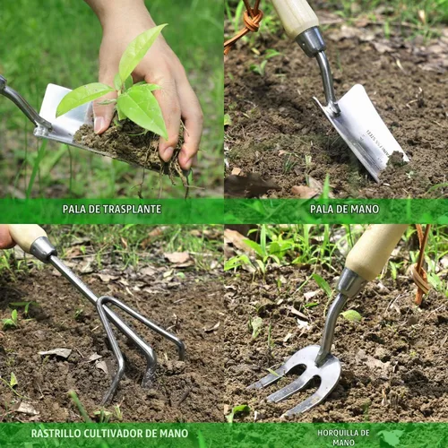 Vista 3 de WORKPRO Juego de herramientas de jardín, 8 piezas, herramientas de jardinería resistentes de acero inoxidable con mango de madera, incluyendo bolsa