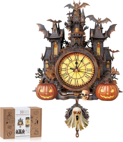 Vista 8 de Rompecabezas de madera 3D para adultos, kit de modelo de reloj de dragón azul con péndulo, rompecabezas 3D para adultos, kit de reloj de pared DIY