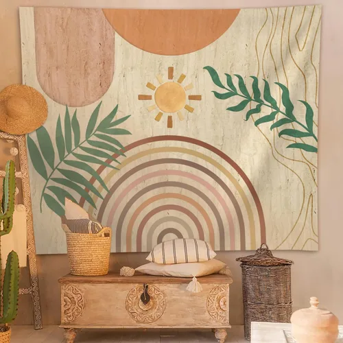Vista 8 de SUOTEMEIFEI Tapiz de arte bohemio con plantas, tapiz retro con plantas, puesta de sol, paisaje, estético, abstracto, para pared, dormitorio, sala