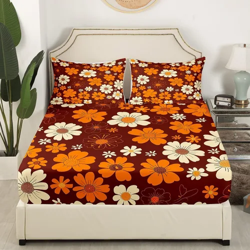 Vista 2 de Juego de sábanas para niños de los años 70 con diseño de flores Groovy Flowers, juego de ropa de cama hippie retro con 1 sábana encimera y 1 sábana