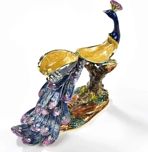 Vista 2 de KALIFANO Joyero de pavo real en rama con cristales de Swarovski y piedras preciosas hechas para almacenamiento y organización, aretes hechos a mano