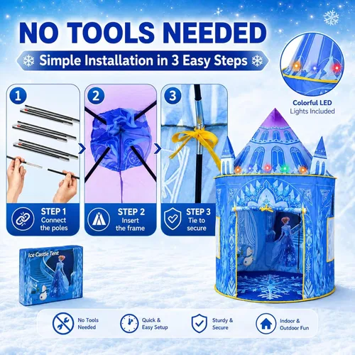 Vista 6 de Amplov Tienda de campaña desplegable de princesa, juguetes de Frozen para niñas, grande de 53" x 41" pulgadas, casa de juegos castillo de hielo
