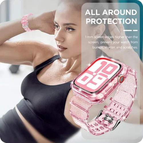 Vista 101 de DABAOZA - Correa transparente compatible con Apple Watch con estuche protector, correa deportiva de TPU con brillo para mujeres y hombres