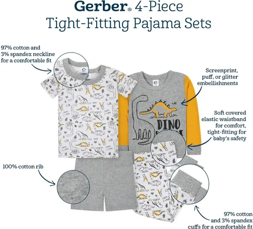 Vista 8 de Gerber Conjunto de pijama de 4 piezas para bebé niño pequeño