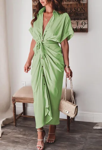 Vista 2 de Vestido largo camisero de manga corta con botones y cinturón para mujer, elegante, de satén