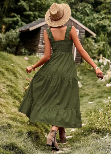 Vista 5 de Vaiaye Vestido largo de verano para mujer, estilo casual, bohemio, sin mangas, tirantes delgados, fruncido, largo, fluido, escalonado, para el sol