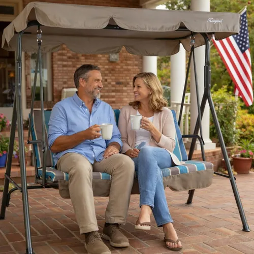 Vista 8 de Kozyard Alicia - Silla Columpio para Patio, Cómodos Asientos de 3 Cojines con Marco de Acero Resistente, Toldo Ajustable y Cojín Extraíble, Columpio