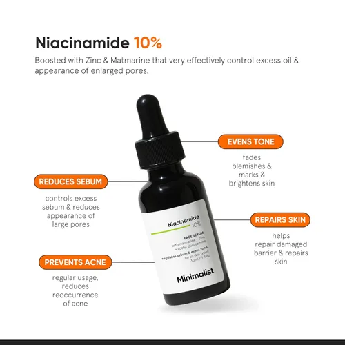 Vista 2 de Minimalist Suero de niacinamida al 10% para control del acné y equilibrio de aceite con zinc, minimizador de poros para la cara, elimina las marcas
